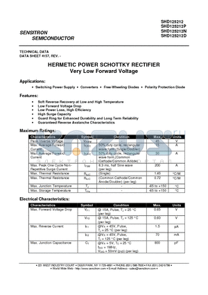 SHD125212D datasheet - HERMETIC POWER SCHOTTKY RECTIFIER Very Low Forward Voltage