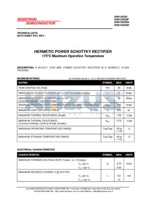 SHD125222D datasheet - HERMETIC POWER SCHOTTKY RECTIFIER 175`C Maximum Operation Temperature