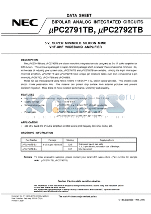 UPC2792TB datasheet - 5 V, SUPER MINIMOLD SILICON MMIC VHF-UHF WIDEBAND AMPLIFIER