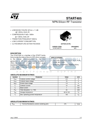 START405 datasheet - NPN Silicon RF Transistor