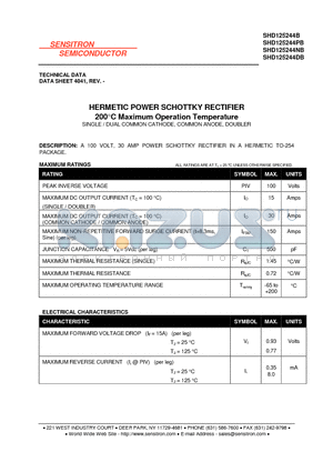 SHD125244B datasheet - HERMETIC POWER SCHOTTKY RECTIFIER 200C Maximum Operation Temperature