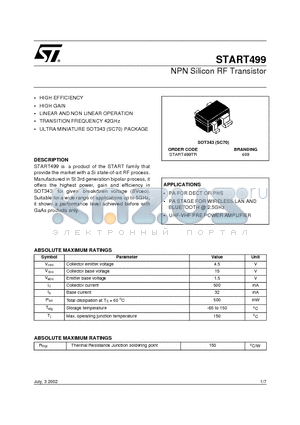 START499 datasheet - NPN Silicon RF Transistor