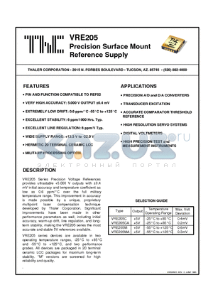 VRE205 datasheet - Precision Surface Mount Reference Supply