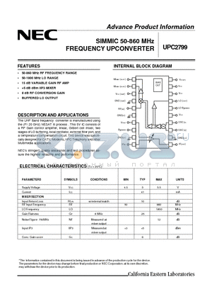 UPC2799 datasheet - SIMMIC 50-860 MHz FREQUENCY UPCONVERTER