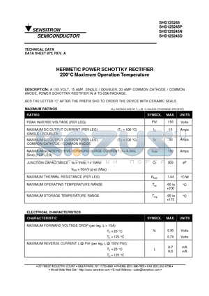 SHD125245 datasheet - HERMETIC POWER SCHOTTKY RECTIFIER 200`C Maximum Operation Temperature