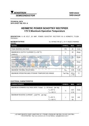 SHD125422P datasheet - HERMETIC POWER SCHOTTKY RECTIFIER