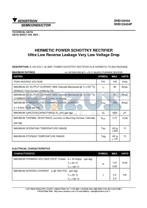 SHD125434 datasheet - HERMETIC POWER SCHOTTKY RECTIFIER