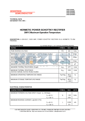 SHD125436 datasheet - HERMETIC POWER SCHOTTKY RECTIFIER 200`C Maximum Operation Temperature