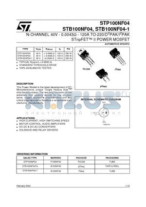 STB100NF04 datasheet - N-CHANNEL 40V - 0.0043ohm - 120A TO-220/D2PAK/I2PAK STripFET II POWER MOSFET