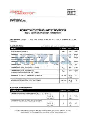 SHD125444 datasheet - HERMETIC POWER SCHOTTKY RECTIFIER 200C Maximum Operation Temperature