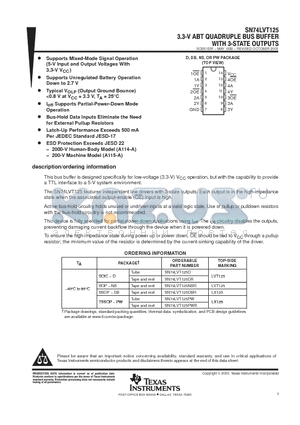 SN74LVT125 datasheet - 3.3-V ABT QUADRUPLE BUS BUFFERS WITH 3-STATE OUTPUTS