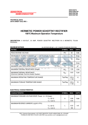 SHD125473D datasheet - HERMETIC POWER SCHOTTKY RECTIFIER 150 C Maximum Operation Temperature