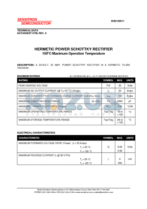 SHD125511 datasheet - HERMETIC POWER SCHOTTKY RECTIFIER 150`C Maximum Operation Temperature