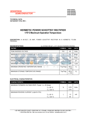 SHD125522 datasheet - HERMETIC POWER SCHOTTKY RECTIFIER 175`C Maximum Operation Temperature