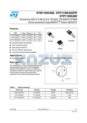 STB11NK40ZT4 datasheet - N-channel 400 V, 0.49 Y, 9 A, TO-220, TO-220FP, D2PAK Zener-protected SuperMESHTM Power MOSFET