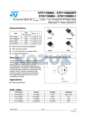 STB11NM60-1 datasheet - N-channel 650V  TJmax - 0.4OHM - 11A TO-220/FP/D2PAK/I2PAK MDmesh  Power MOSFET