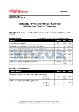 SHD125536 datasheet - HERMETIC POWER SCHOTTKY RECTIFIER 200`C Maximum Operation Temperature