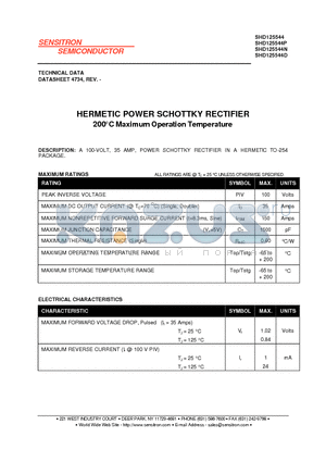 SHD125544D datasheet - HERMETIC POWER SCHOTTKY RECTIFIER 200`C Maximum Operation Temperature