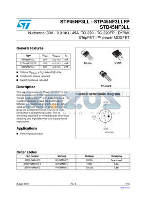 STB11NM60FD-1 datasheet - N-channel 30V - 0.014ohm - 45A TO-220 - TO-220FP - D2PAK STripFET II power MOSFET