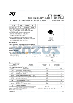 STB120NH03L datasheet - N-CHANNEL 30V - 0.005 W - 60A D2PAK STripFET III POWER MOSFET FOR DC-DC CONVERSION