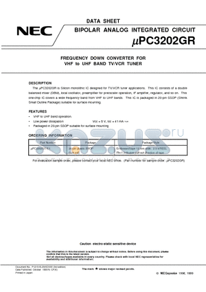 UPC3202 datasheet - FREQUENCY DOWN CONVERTER FOR VHF to UHF BAND TV/VCR TUNER