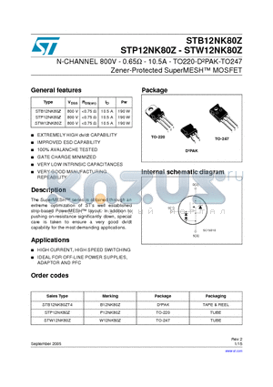 STB12NK80Z datasheet - N-CHANNEL 800V - 0.65 OHM - 10.5A TO-220 / D2PAK / TO-247 Zener-Protected SuperMESH Power MOSFET