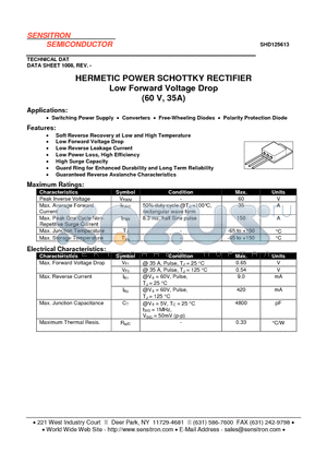 SHD125613 datasheet - HERMETIC POWER SCHOTTKY RECTIFIER Low Forward Voltage Drop (60 V, 35A)