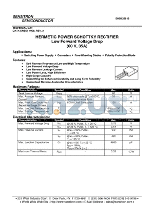 SHD125613 datasheet - HERMETIC POWER SCHOTTKY RECTIFIER Low Forward Voltage Drop
