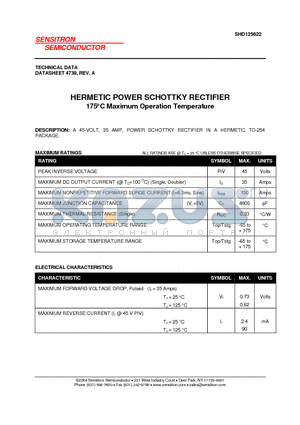 SHD125622 datasheet - HERMETIC POWER SCHOTTKY RECTIFIER 175`C Maximum Operation Temperature