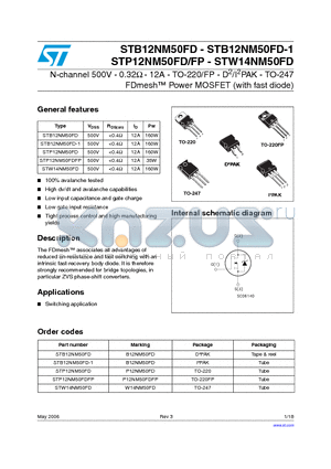 STB12NM50FD-1 datasheet - N-channel 500V - 0.32Y - 12A - TO-220/FP - D2/I2PAK - TO-247 FDmesh Power MOSFET (with fast diode)