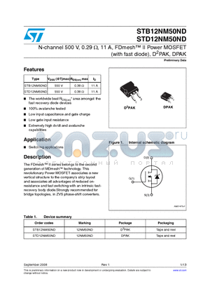 STB12NM50ND datasheet - N-channel 500 V, 0.29 Y, 11 A, FDmesh II Power MOSFET (with fast diode), D2PAK, DPAK