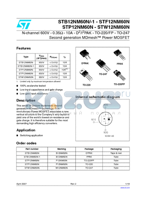 STB12NM60N datasheet - N-channel 600V - 0.35Y - 10A - D2/I2PAK - TO-220/FP - TO-247 Second generation MDmesh Power MOSFET
