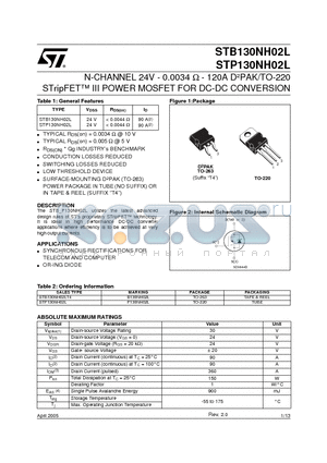 STB130NH02LT4 datasheet - N-CHANNEL 24V - 0.0034  - 120A DbPAK/TO-220 STripFET III POWER MOSFET FOR DC-DC CONVERSION