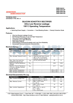 SHD126012 datasheet - SILICON SCHOTTKY RECTIFIER Ultra Low Reverse Leakage 150`C Operating Temperature