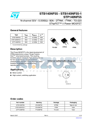 STB140NF55 datasheet - N-channel 55V - 0.0065Y - 80A - D2PAK - I2PAK - TO-220 STripFET II Power MOSFET