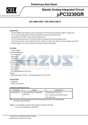 UPC3230GR-E1-A datasheet - Bipolar Analog Integrated Circuit (AGC AMPLIFIER  PRE AMPLIFIER IC)