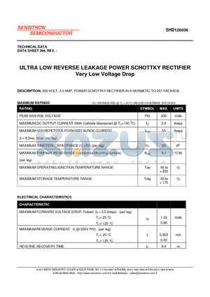 SHD126036 datasheet - ULTRA LOW REVERSE LEAKAGE POWER SCHOTTKY RECTIFIER