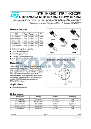 STB14NK50Z datasheet - N-channel 500V - 0.34OHM - 14A TO-220/FP/D2PAK/I2PAK/TO-247 Zener-protected SuperMESH Power MOSFET