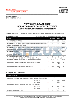 SHD126046D datasheet - VERY LOW VOLTAGE DROP HERMETIC POWER SCHOTTKY RECTIFIER