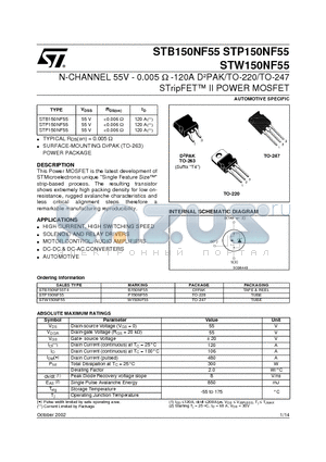 STB150NF55 datasheet - N-CHANNEL 55V - 0.005 ohm -120A DbPAK/TO-220/TO-247 STripFET II POWER MOSFET
