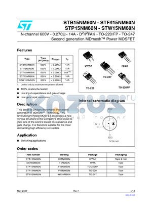 STB15NM60N datasheet - N-channel 600V - 0.270Y - 14A - D2/I2PAK - TO-220/FP - TO-247 Second generation MDmesh Power MOSFET