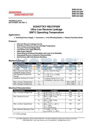 SHD126136 datasheet - SCHOTTKY RECTIFIER Ultra Low Reverse Leakage 200`C Operating Temperature