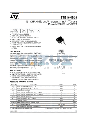 STB16NB25 datasheet - N - CHANNEL 250V - 0.220ohm - 16A - TO-263 PowerMESH] MOSFET
