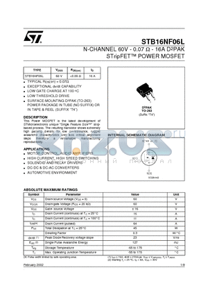 STB16NF06L datasheet - N-CHANNEL 60V - 0.07 ohm - 16A D2PAK STripFET POWER MOSFET