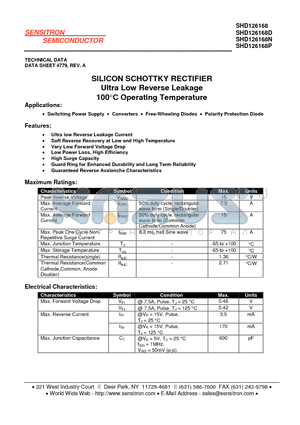 SHD126168 datasheet - SILICON SCHOTTKY RECTIFIER Ultra Low Reverse Leakage 100C Operating Temperature