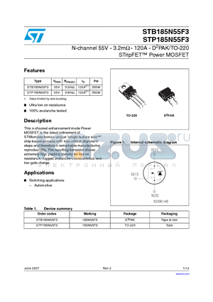 STB185N55F3 datasheet - N-channel 55V - 3.2mY - 120A - D2PAK/TO-220 STripFET Power MOSFET