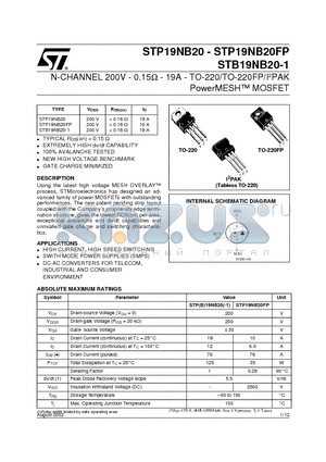 STB19NB20-1 datasheet - N-CHANNEL 200V - 0.15ohm - 19A - TO-220/TO-220FP/I2PAK PowerMESH MOSFET