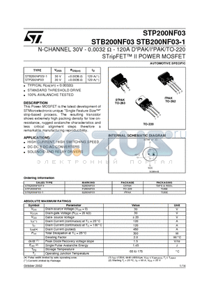 STB200NF03T4 datasheet - N-CHANNEL 30V - 0.0032 ohm - 120A DbPAK/IbPAK/TO-220 STripFET II POWER MOSFET