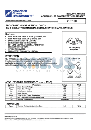 VRF150 datasheet - N-CHANNEL RF POWER VERTICAL MOSFET
