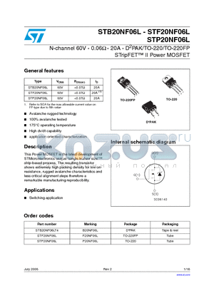 STB20NF06L datasheet - N-channel 60V - 0.06Y - 20A - D2PAK/TO-220/TO-220FP STripFET II Power MOSFET